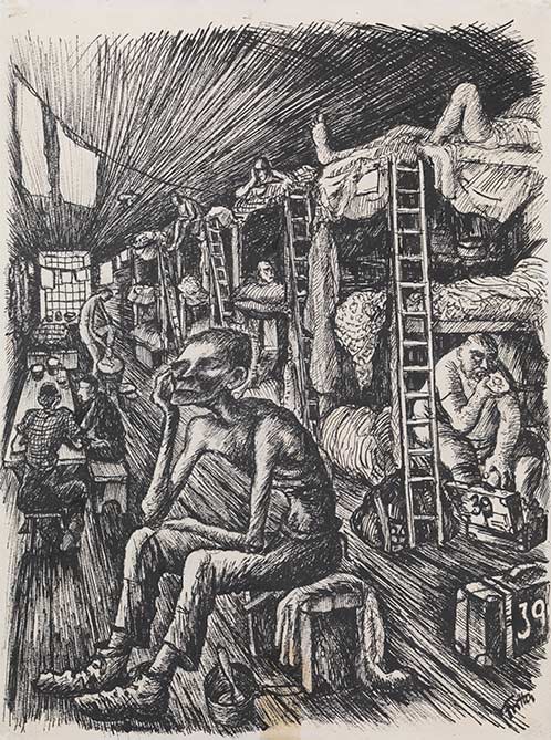 Die Zeichnung zeigt eine dichtbesetzte Sammelunterkunft mit dreistöckigen Betten. Im Vordergrund sitzt ein Mann