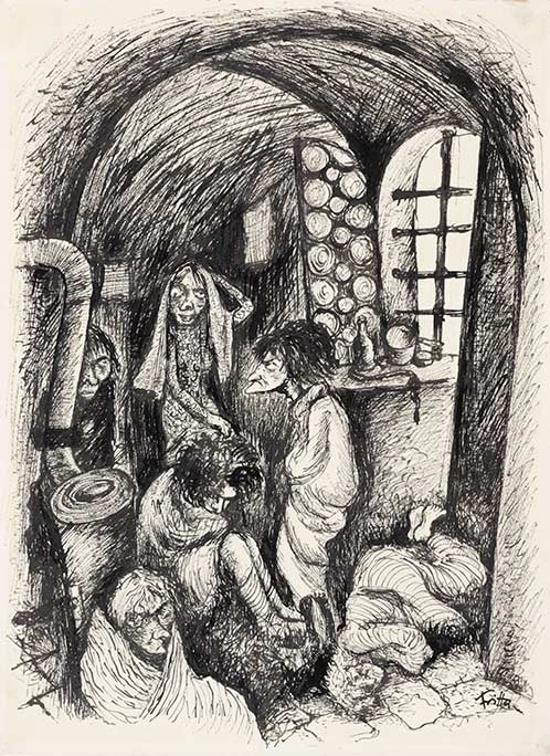 Die Zeichnung zeigt in Tücher gehüllte Frauen. Einige stehen, andere kauern, eine krümmt sich auf dem Boden