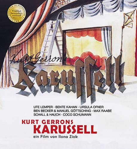 Das Plakat zeigt eine gemalte Bühne oder Manege und trägt die Beschriftung »Kurt Gerrons Karussell, ein Film von Ilona Ziok«. Zudem werden folgende Mitwirkende genannt: Ute Lemper, Bente Kahan, Ursula Ofner, Ben Becker & Manuel Götsching, Max Raabe, Schall und Hauch, Coco Schumann