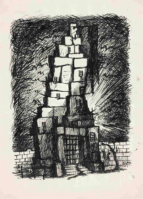 Zeichnung eines Turms mit vergittertem Eingang und Fenstern