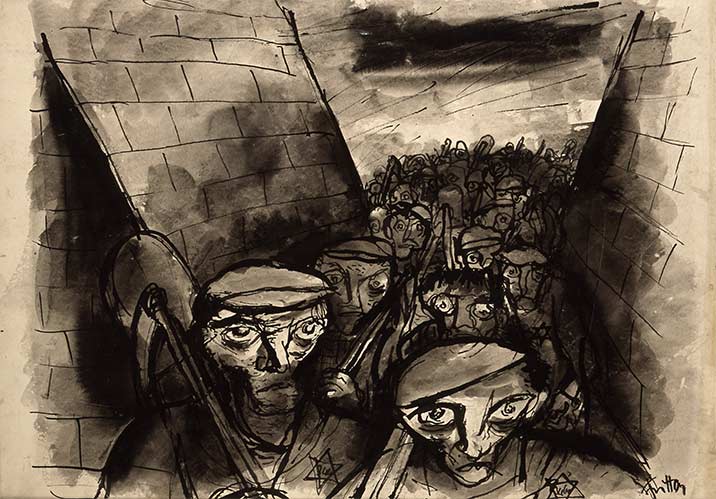Die Zeichnung zeigt eine Kolonne ausgezehrter Männer, die mit Schaufeln über der Schulter und Judensternen an den Jacken zu einem Arbeitseinsatz marschieren