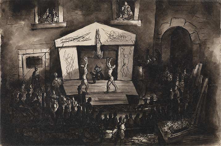 Zeichnung, die eine Theateraufführung im Ghetto Theresienstadt darstellt