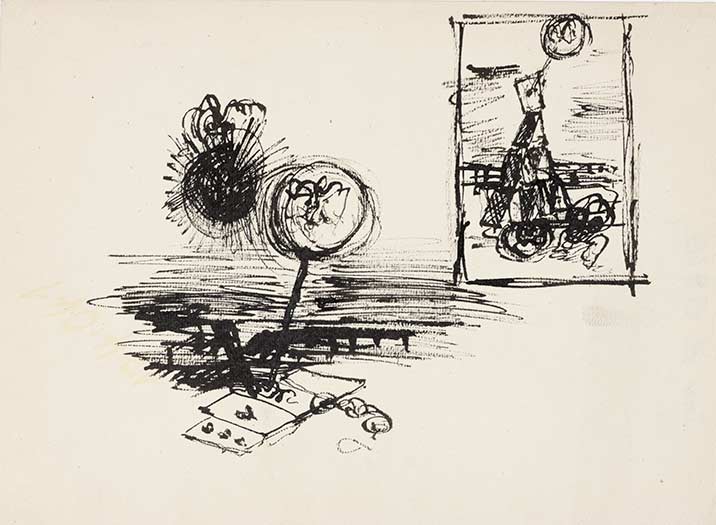 Bedrich Fritta, Two sketches: House of Cards with Globe - Collapsed Cards with Exploding Globe