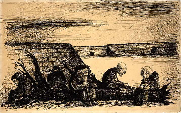 Die Zeichnung zeigt mehrere ältere Personen, die vor dicken Mauern kauern. Einer der Dargestellten ist blind, eine anderer stützt sich auf einen Stock, eine Frau umklammert ein Gefäß