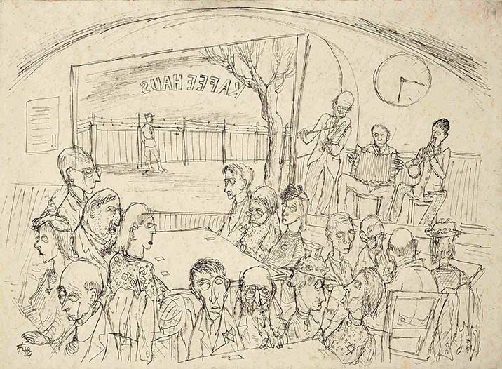 Die Zeichnung zeigt Menschen in einem Kaffeehaus, im Hintergrund spielt eine Kapelle. Jedoch sitzen alle Gäste vor leeren Tischen