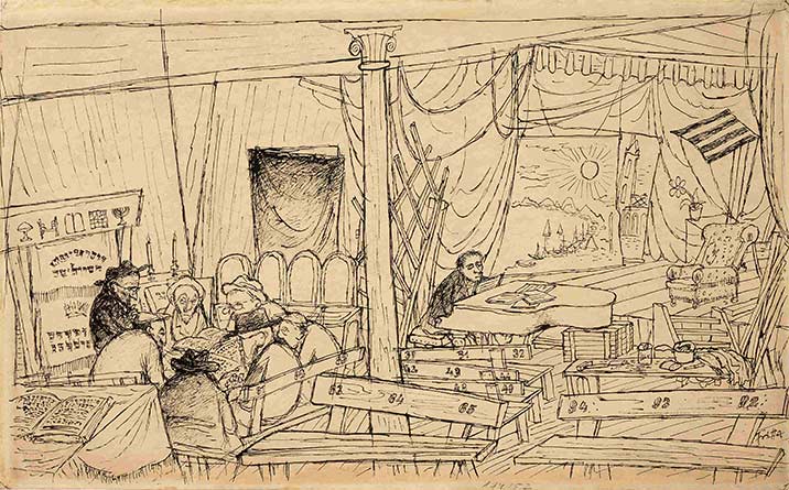 Im linken Teil der Zeichnung sieht man eine mit einigen Personen gefüllte Betstube, im rechten Teil einen fast leeren Theaterraum - nur ein Mann sitzt an einem Flügel 