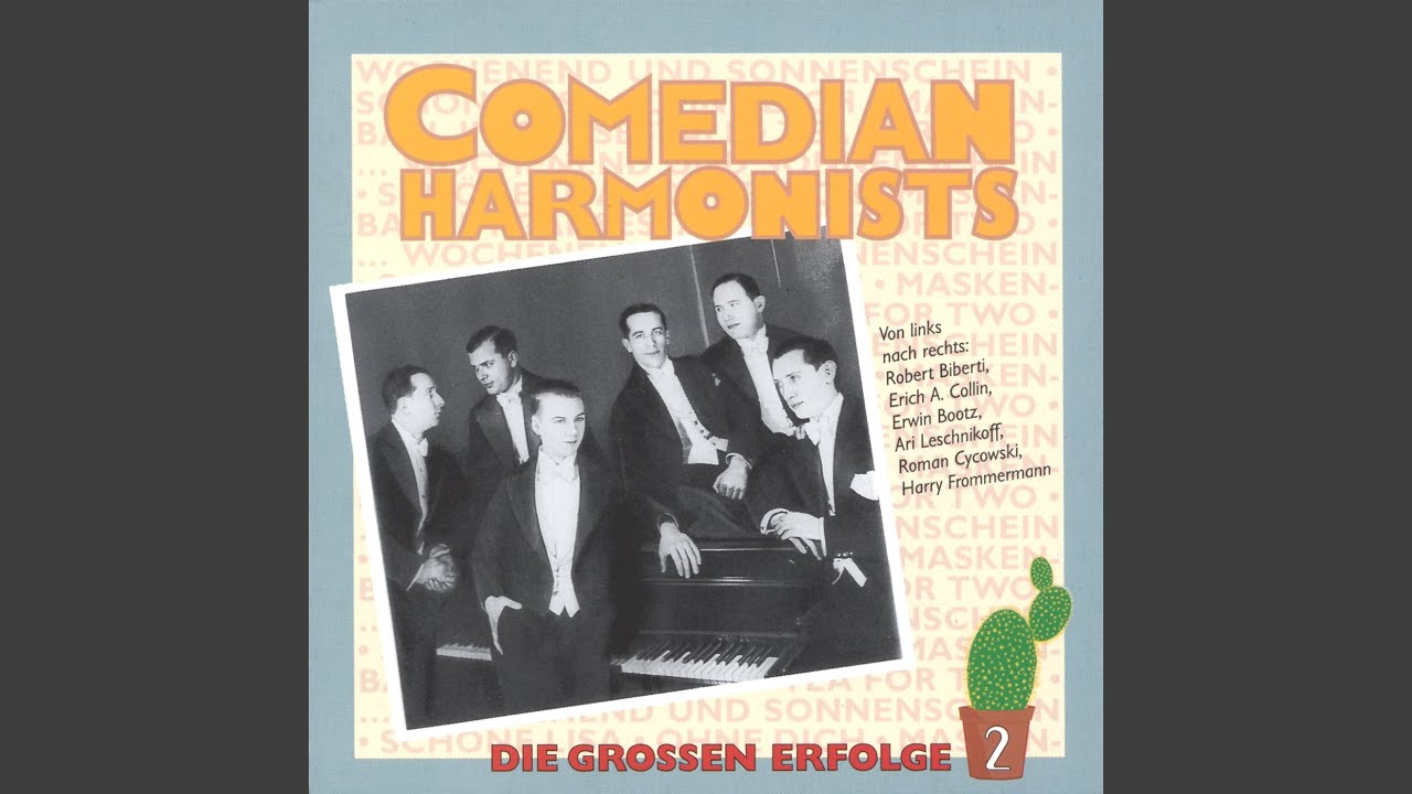 Albumcover der Band Comedian Harmonists. Sechs Personen stehen um ein Klavier herum.