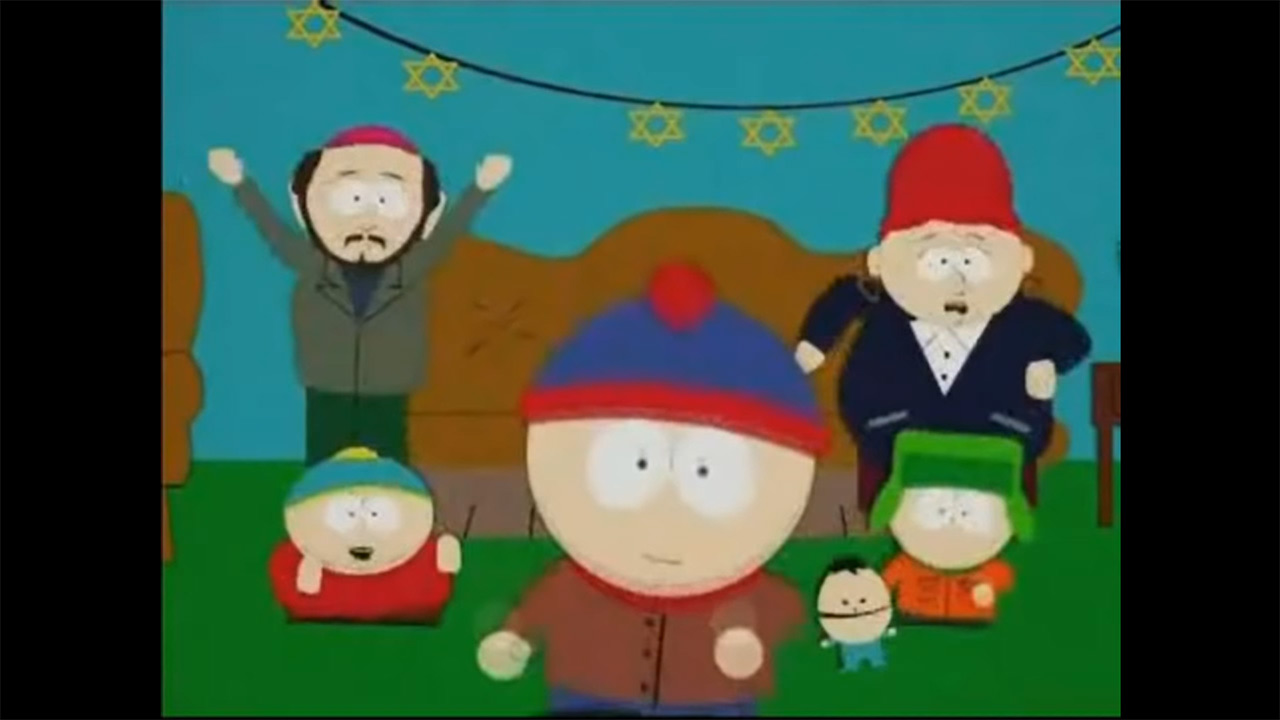 Characters from the Southpark series sing. A string of lights with David stars can be seen in the background.