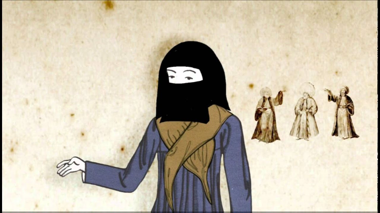 Die Grafik zeigt eine verschleierte Frau, im Hintergrund sind drei Männer mit Turbanen zu sehen.