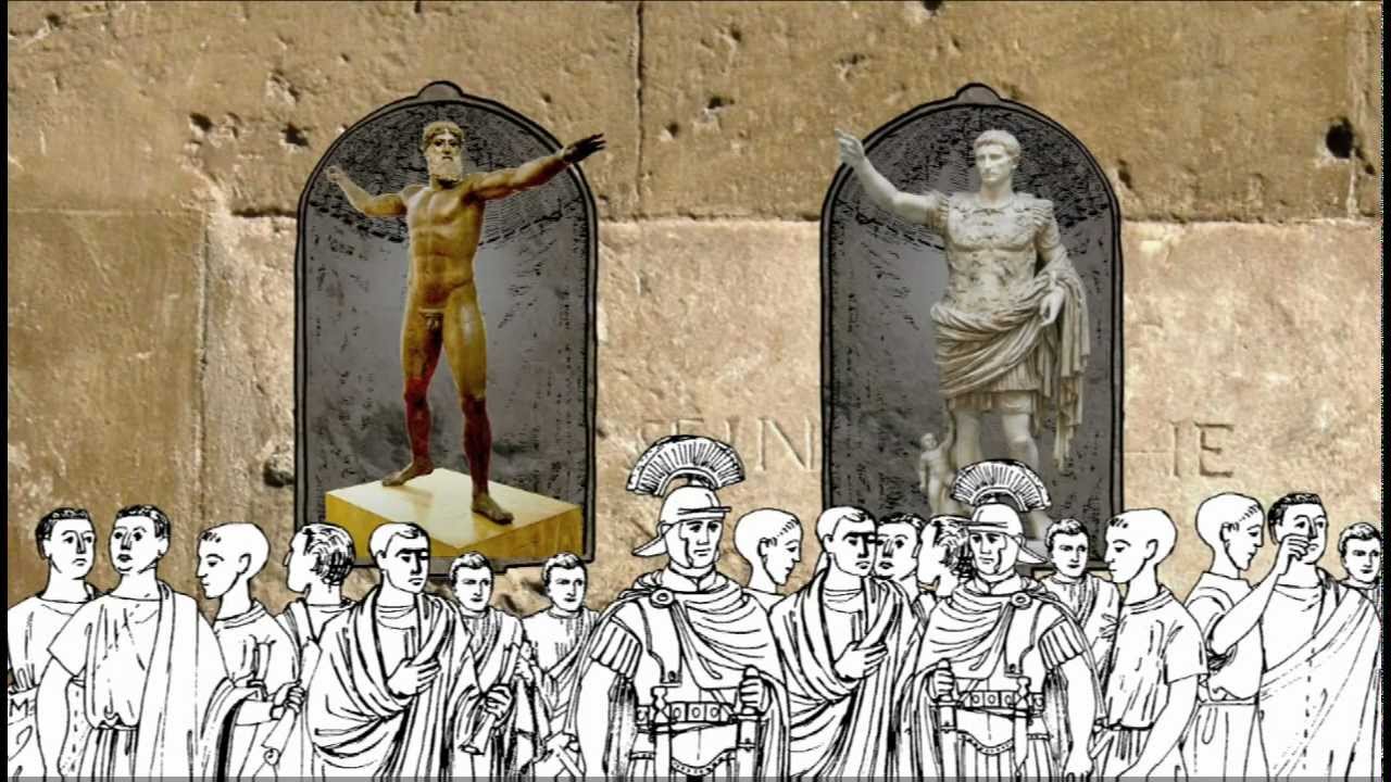 Grafik zeigt zwei antike Statuen in Nischen, davor römische Soldaten und Bürger.