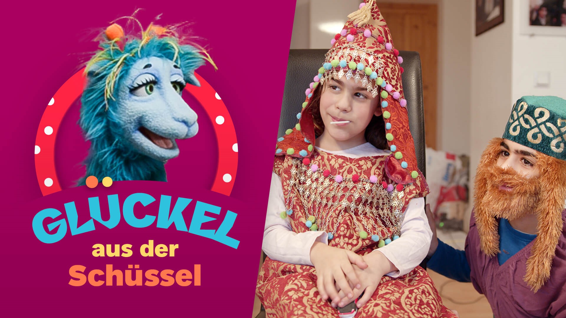 Thumbnail mit lila hinterlegtem Glückel-Logo und zwei verkleideten Kindern