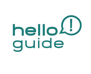 Logo der Firma Helloguide, grüne Schrift auf weißem Hintergrund 