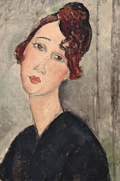 Painted portrait of a young woman on gray background.