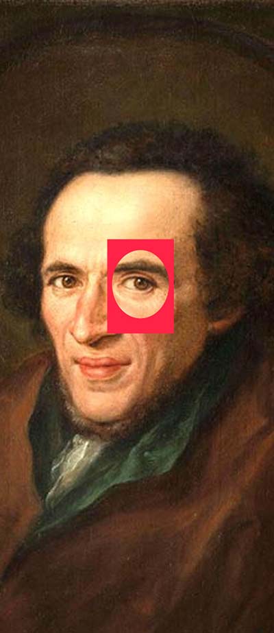 Ausschnitt aus einem Ölgemälde: Porträt von Moses Mendelssohn im Halbprofil, die Augen sind auf die Betrachtenden gerichtet, das linke ist durch einen roten Rahmen hervorgehoben