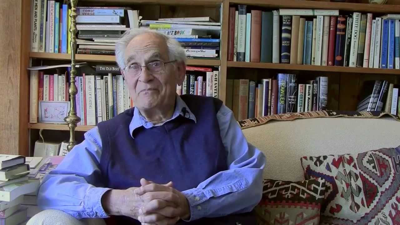 A man is sitting on a sofa in front of a bookshelf.