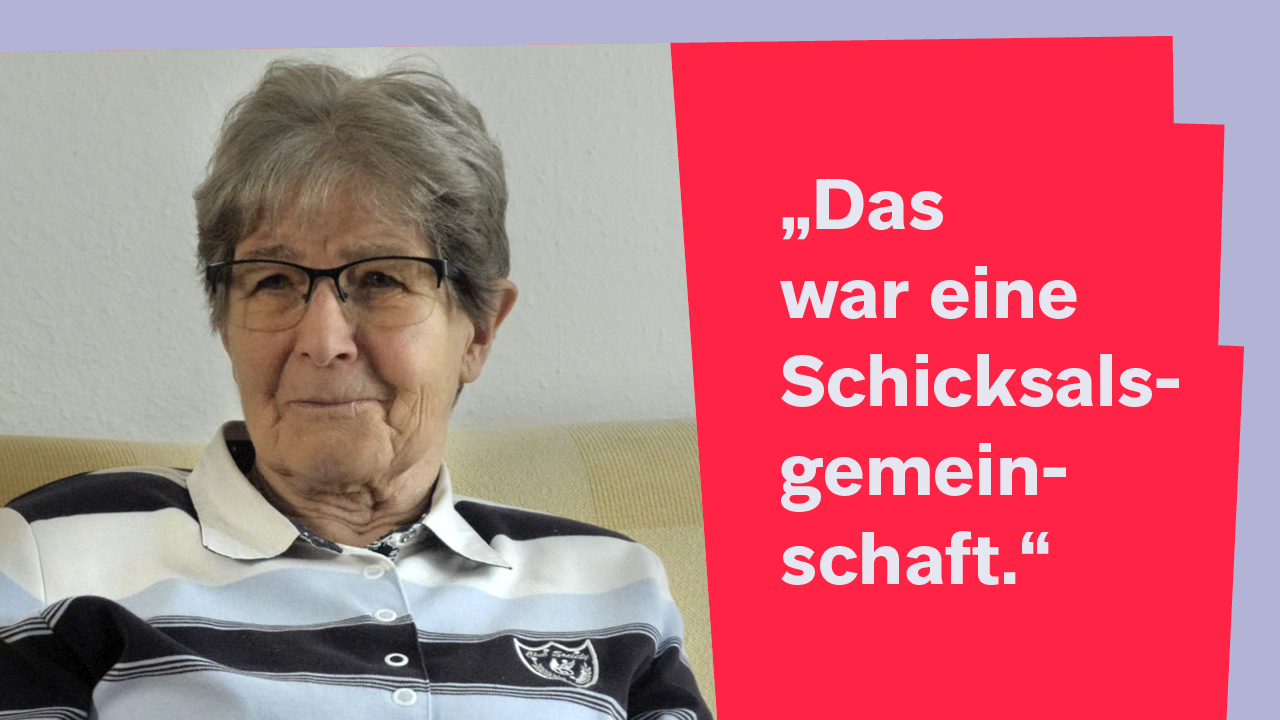 Porträt von Renate Aris mit Zitat: Das war eine Schicksalsgemeinschaft.