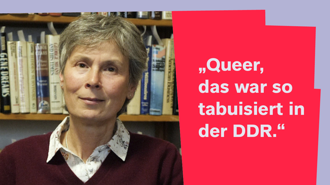 Porträt von Cathy Gelbin mit Zitat: Queer, das war so tabuisiert in der DDR.