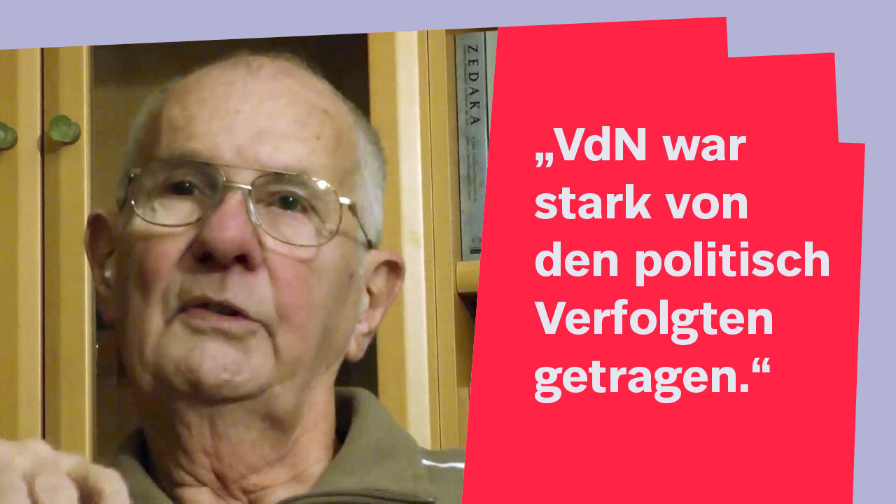 Porträt von Peter Kirchner mit Zitat: VdN war stark von den politisch Verfolgten getragen.