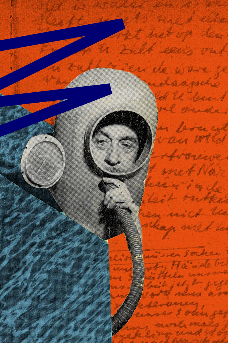 Collage in gray-blue on an orange background with a blue zigzag line: the head of a man in a diving bell, his hand holding a hose, next to it a manometer.