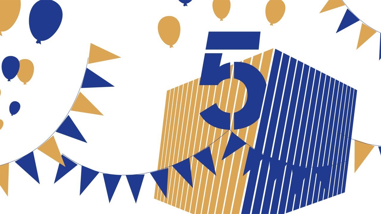 Graphic in blue and gold shows a big five, balloons and garlands.