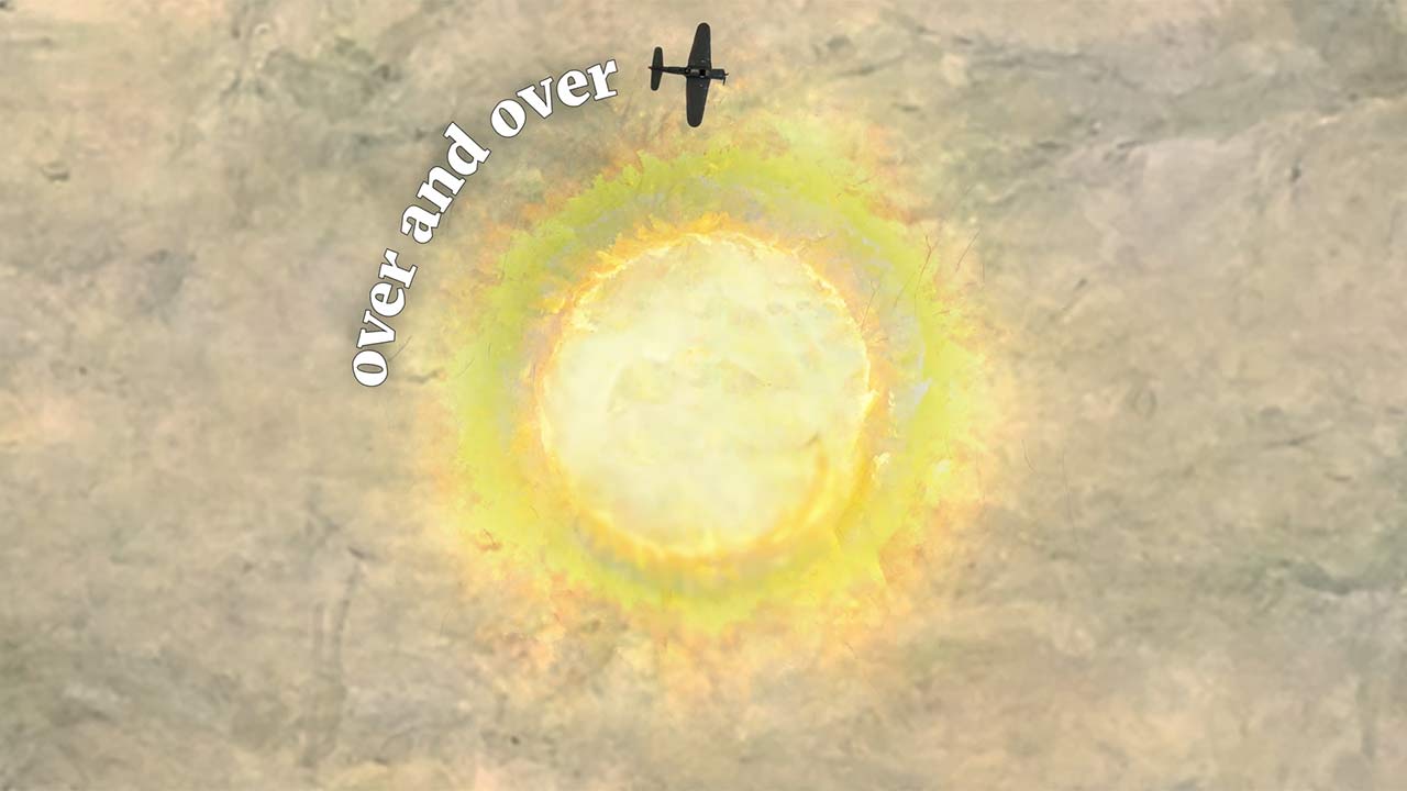 Gray sky with yellow sun circled by an airplane and the words “over and over”.