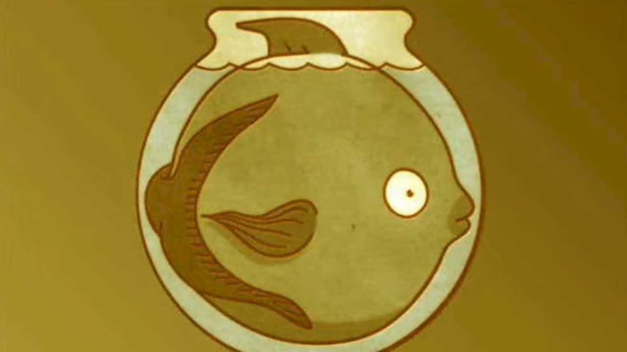 Illustration of a fish in a round glass against a beige background.