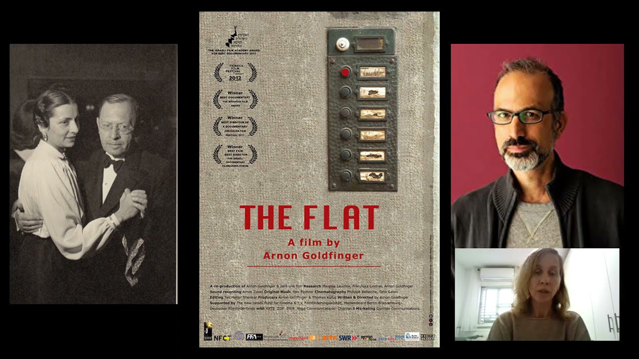 Split screen: two conference participants, a movie poster of "The Flat" and a black and white photo.
