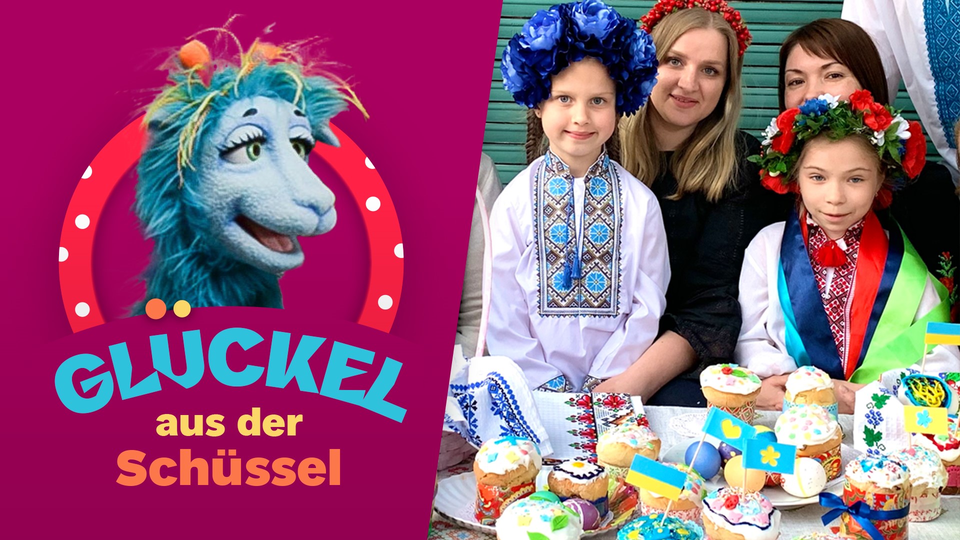 Thumbnail mit lila hinterlegtem Glückel-Logo und zwei Frauen und zwei Kinder in folklorischer ukrainischer Kleidung