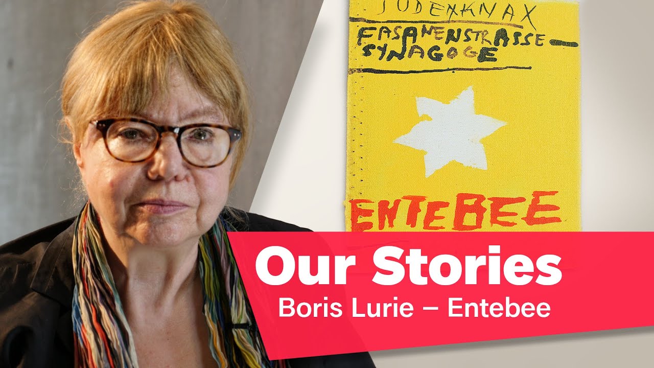 Porträtfoto von Cilly Kugelmann, im Hintergrund ein Gemälde, rechts unten im Bild der Schriftzug „Our Stories: Boris Lurie – Entebee”