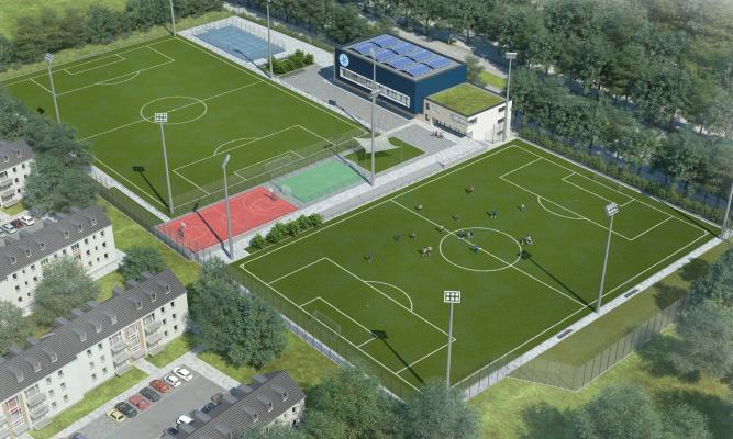 Digital representation of a large sports facility with several sports fields next to each other and a sports center