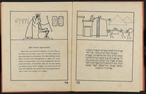 Aufgeschlagenes Buch, das Deutschen und Hebräischen Text und Zeichnungen zeigt
