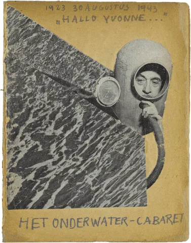 Titelblatt des Magazins Het Onderwater Cabaret vom 30. August 1943 mit einer Collage von Meer und dem Kopf eines Mannes, der wie ein Taucher aussieht.