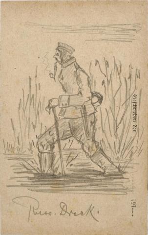 Zeichnung, Bleistift: Uniformierter Soldat watet Pfeife rauchend durch einen Sumpf, im Hintergrund Gebüsch