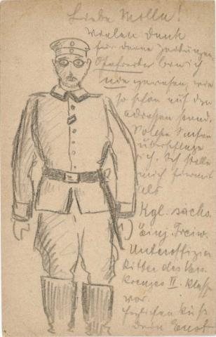 Zeichnung, Bleistift: Soldat (Kniestück, frontal, stehend) mit Ordensband am zweiten Knopfloch der Uniformjacke