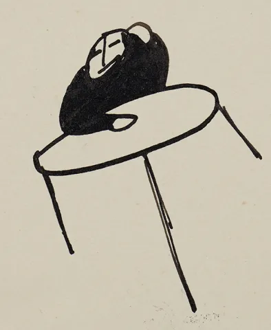 Line drawing of a person sitting at a round table with his head resting on his arm.