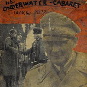 Collage, a man in military uniform in the foreground and other men in coats in the background.