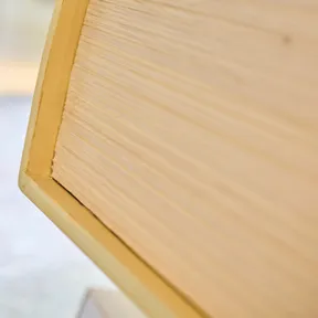 Detailaufnahme der Installation mit hölzernen Buchskulpturen in Gelb.