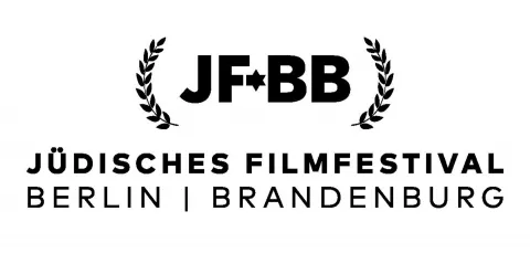 Schwarz-wei&szlig;es Logo mit zwei stilisierten Lorbeerkr&auml;nzen. In der Mitte stehen die Buchstaben JF, gefolgt von einem Sternsymbol und BB. Darunter der Schriftzug J&uuml;disches Filmfestival Berlin Brandenburg.