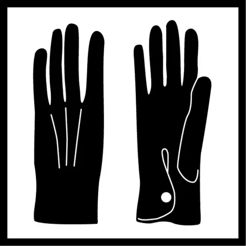 Stylized black and white graphic of two gloves, one viewed from above, one from below.