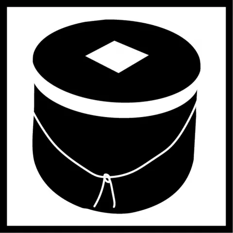 Stylized black and white graphic of a hat box.