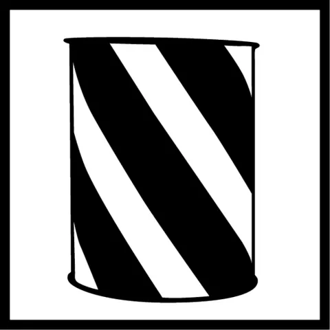Stylized black and white graphic of a diagonally striped tin can.