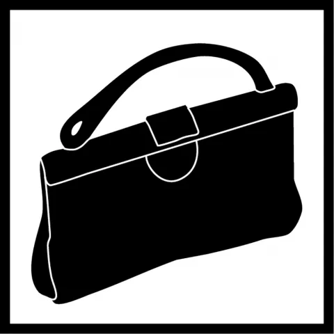 Stylized black and white graphic of a handbag.