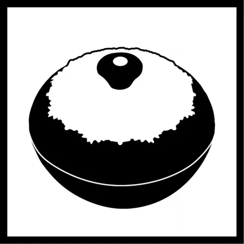 Stylized black and white graphic of a round box with lid and knob.
