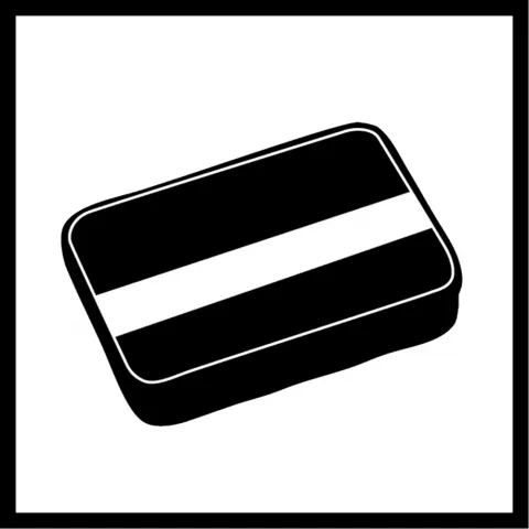 Stylized black and white graphic of a flat, rectangular tin with rounded corners.