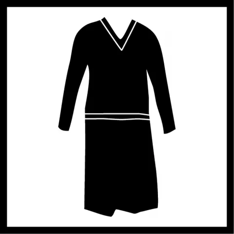 Stylized black and white graphic of a long-sleeved dress.