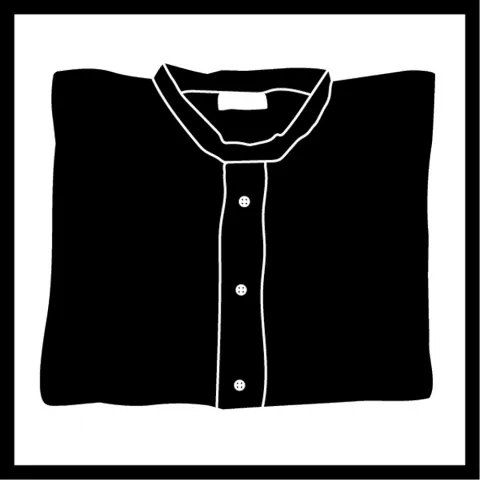 Stylized black and white graphic of a folded shirt.