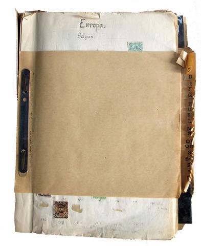 A stapled collection of sheets; on the first sheet the heading "Europe" and two stamps can be seen.