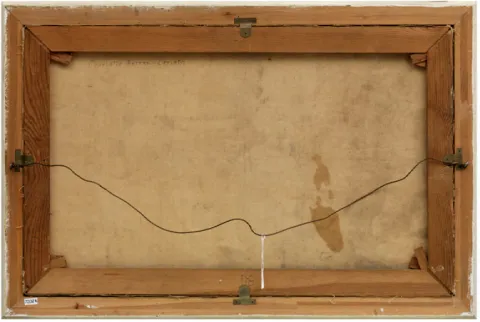 Wooden frame of a painting viewed from behind with the specified inscription and a wire to hang the picture