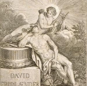 Radierung von Merkur, der an einem Säulenstumpf mit der Beschriftung „David / Fridlaender“ lehnt. Über ihm auf einer Wolke sitzt Apoll mit Köcher, Leier und Lorbeerkranz.