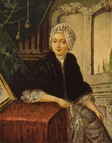 Print of portrait of woman with white hood and black cape.